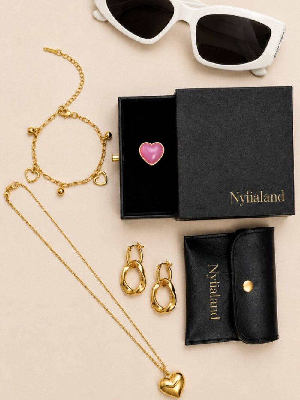 Sunglasses & Gold Heart Jewelry Set Bundle